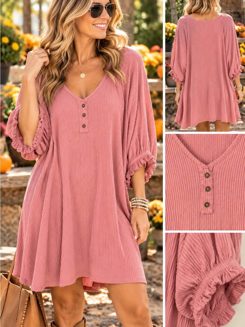 Umgee Dusty Rose Ribbed V-Neck Dress Ruffle Sleeve L